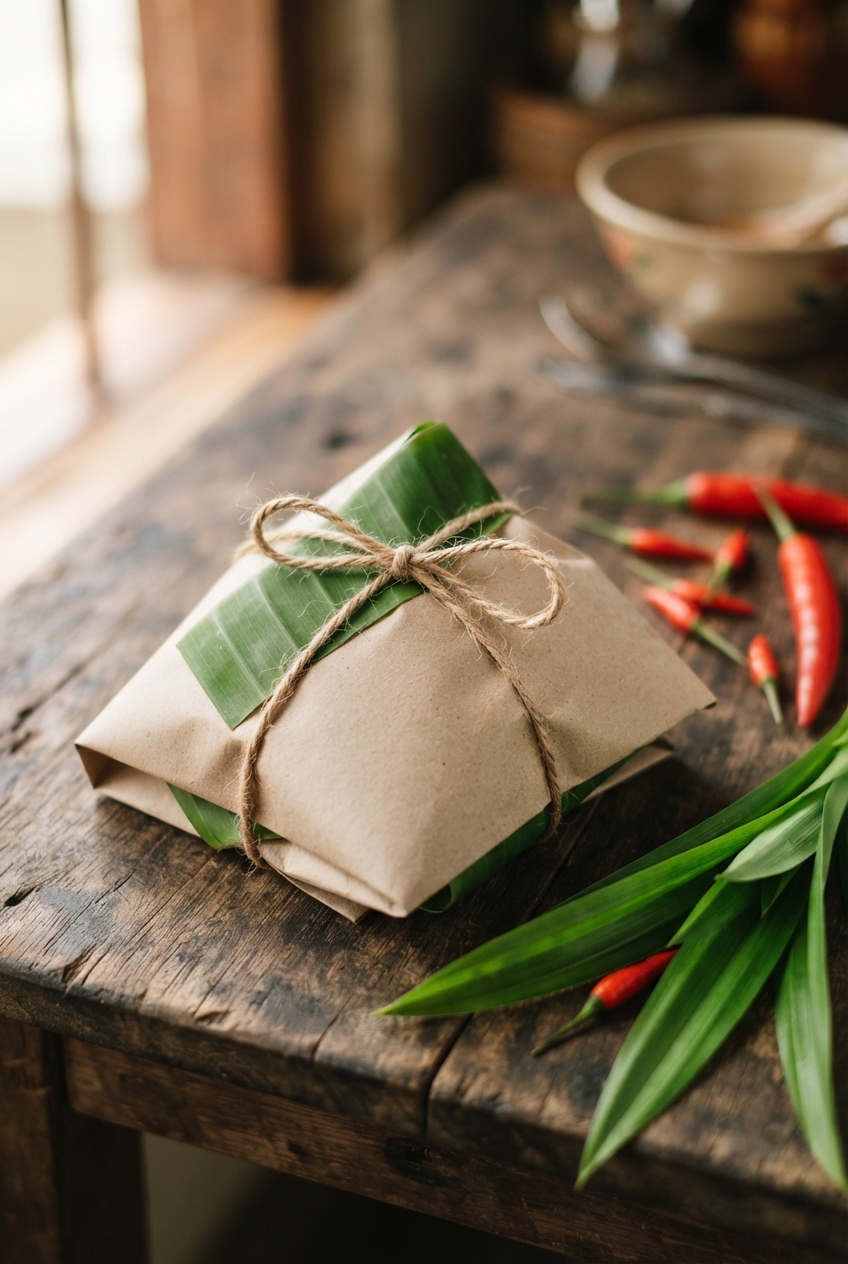 Kraft-paper parcel tied with twine and a green leaf, surrounded by chilies on a rustic wooden table.