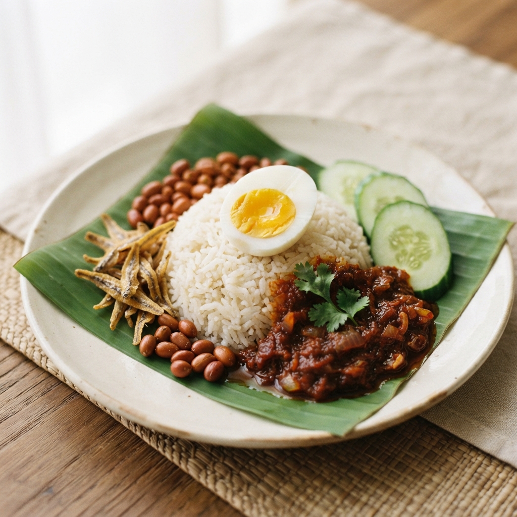 Banana leaf plate of rice topped with egg, sambal, cucumber, peanuts, and fried anchovies.
