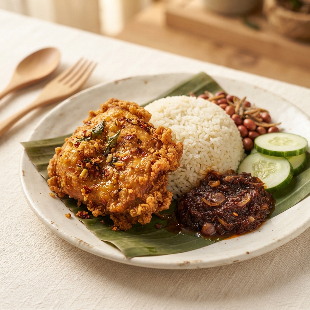 Crispy fried chicken, rice, sambal, peanuts, anchovies, and cucumber served on a banana leaf-lined plate.