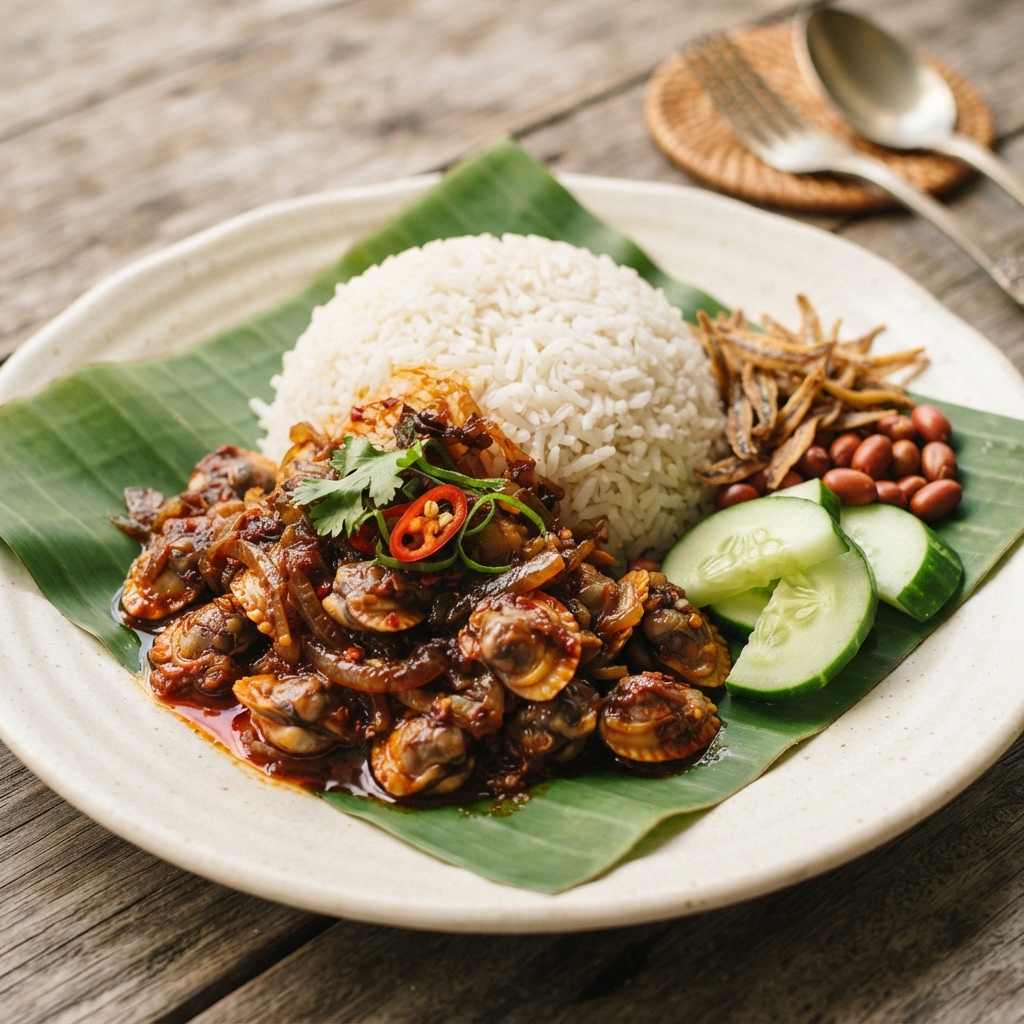 Banana-leaf meal with white rice, spicy shellfish, fried fish, peanuts, and cucumber on a ceramic plate.