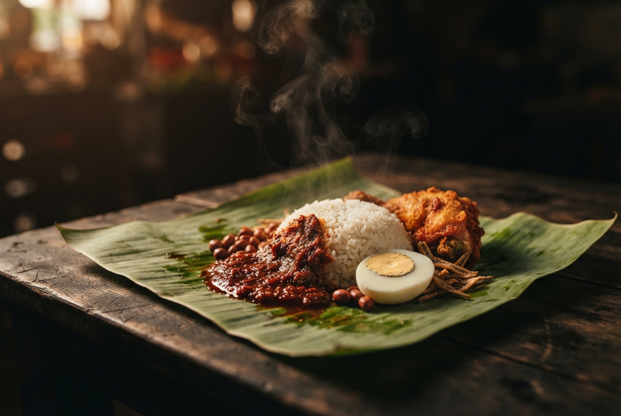 Steaming rice meal with sambal, peanuts, boiled egg, fried chicken, and crispy strips on a banana leaf.
