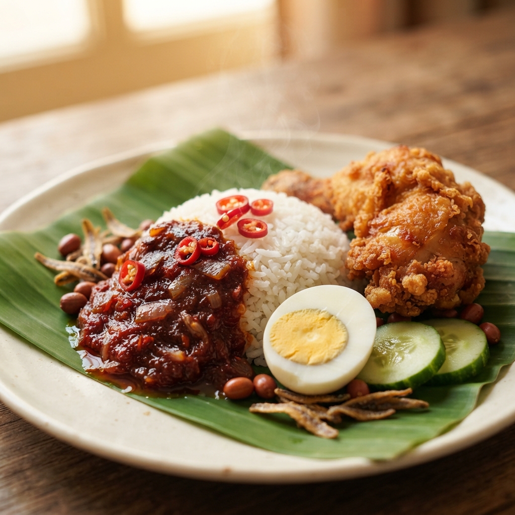 Banana-leaf plate of rice, fried chicken, sambal, egg, cucumber, peanuts, anchovies, and chilies.