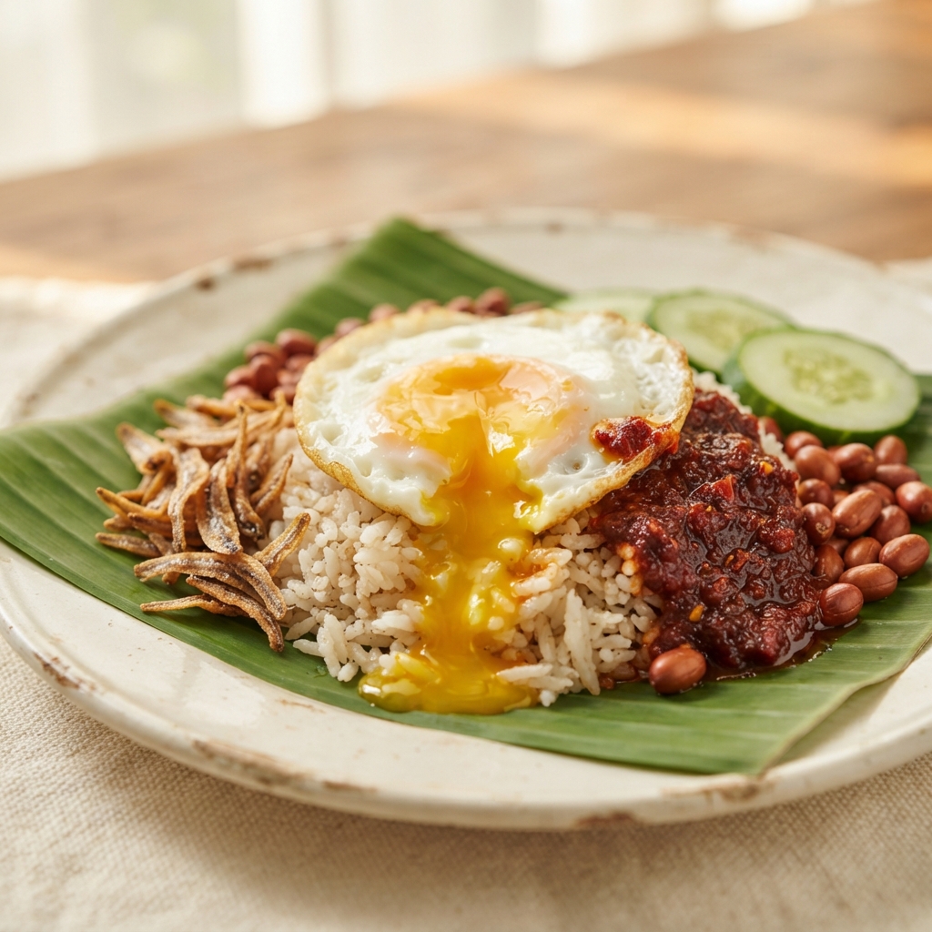 Banana-leaf-lined plate of rice topped with a runny fried egg, anchovies, peanuts, sambal, and cucumber slices.