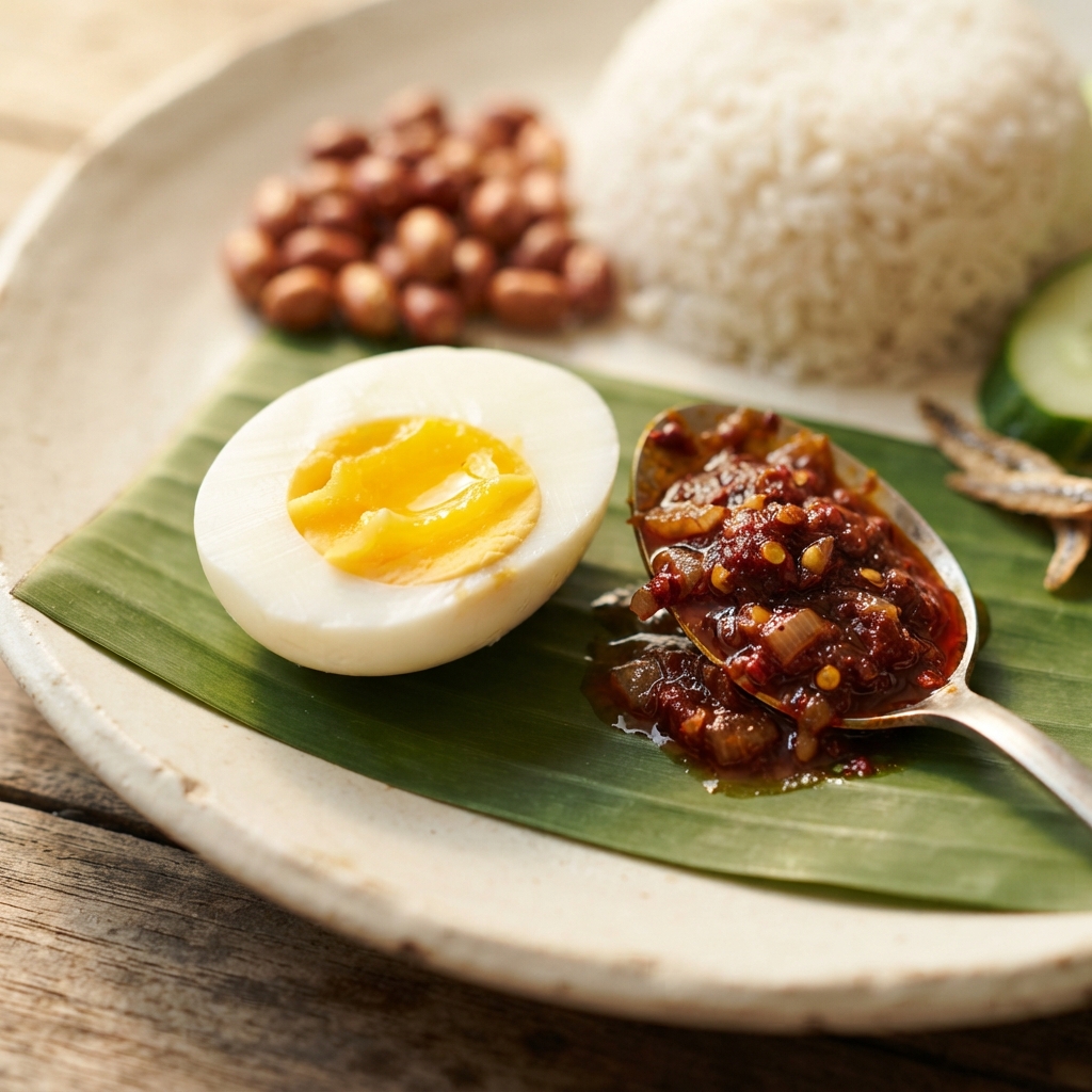 Plate with banana leaf, soft-boiled egg, chili relish, rice, peanuts, cucumber, and dried fish.